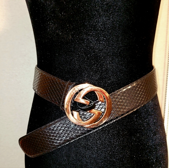 Gucci Designer Black Phyton Belt with Interlocking GG Gold-Tone Buckle 75/ 30 - Picture 8 of 17